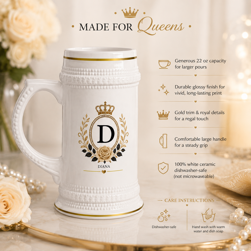Personalized Queen Beer Stein Mug – Custom Name Luxury Ceramic
