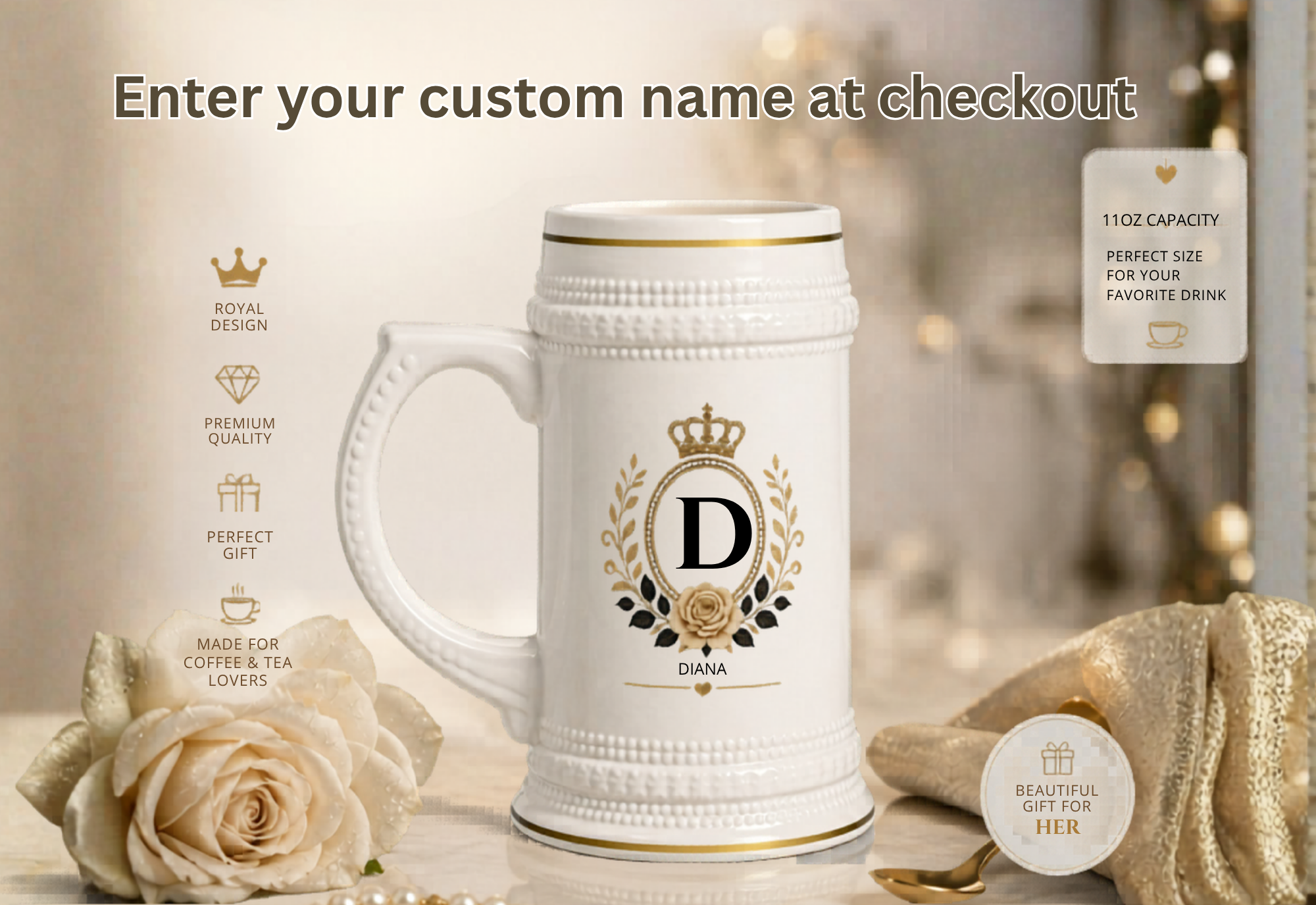 Personalized Queen Beer Stein Mug – Custom Name Luxury Ceramic