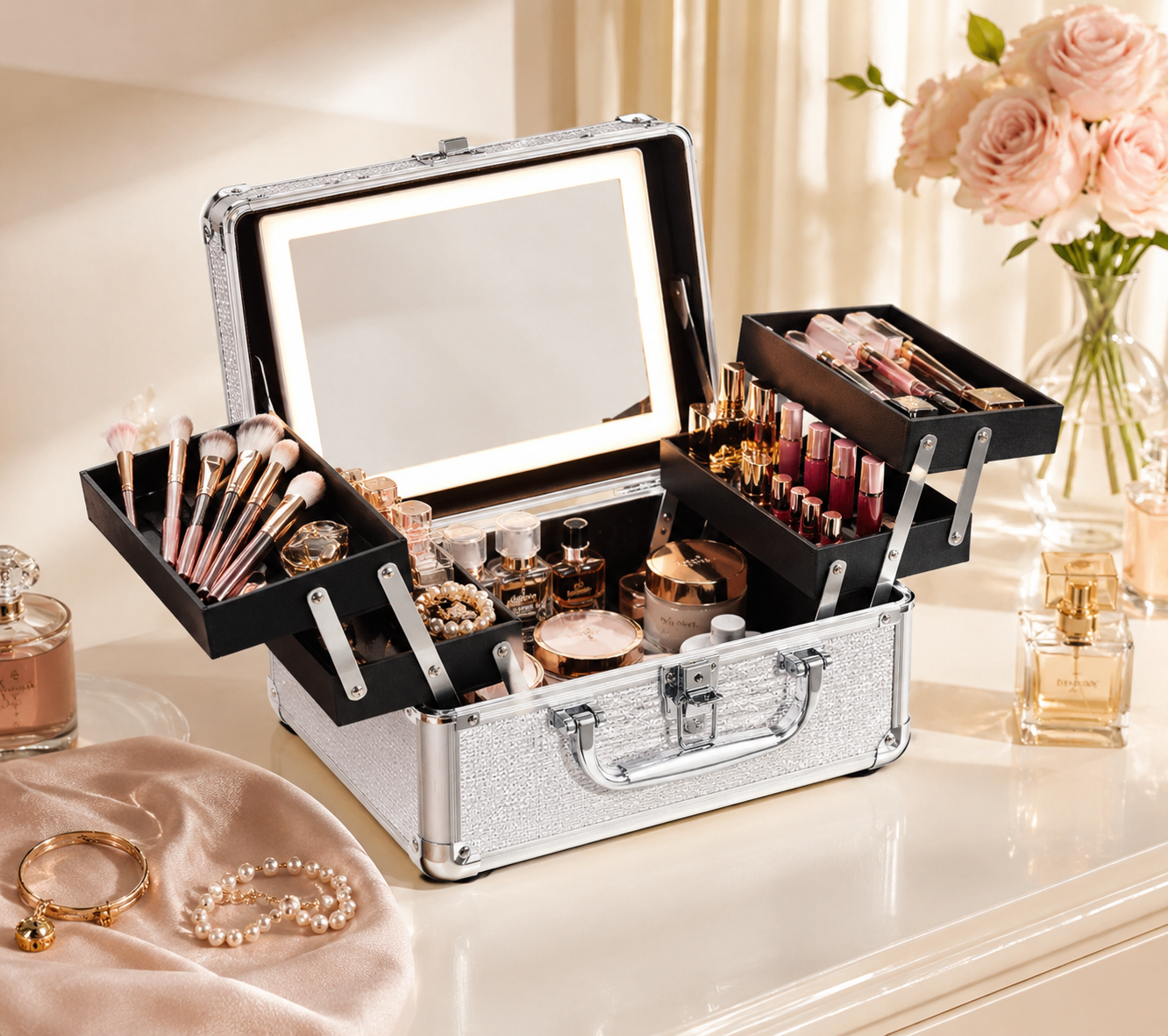 Luxury Makeup & Jewelry Organizer Case with Mirror – Portable Cosmetic Storage Box